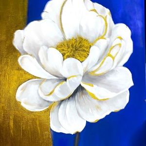 Flower painting on large canvas gold white blue